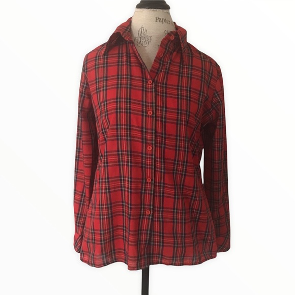 SPIN UNION LABEL Red Plaid Button Down Vintage Blouse - Picture 1 of 8